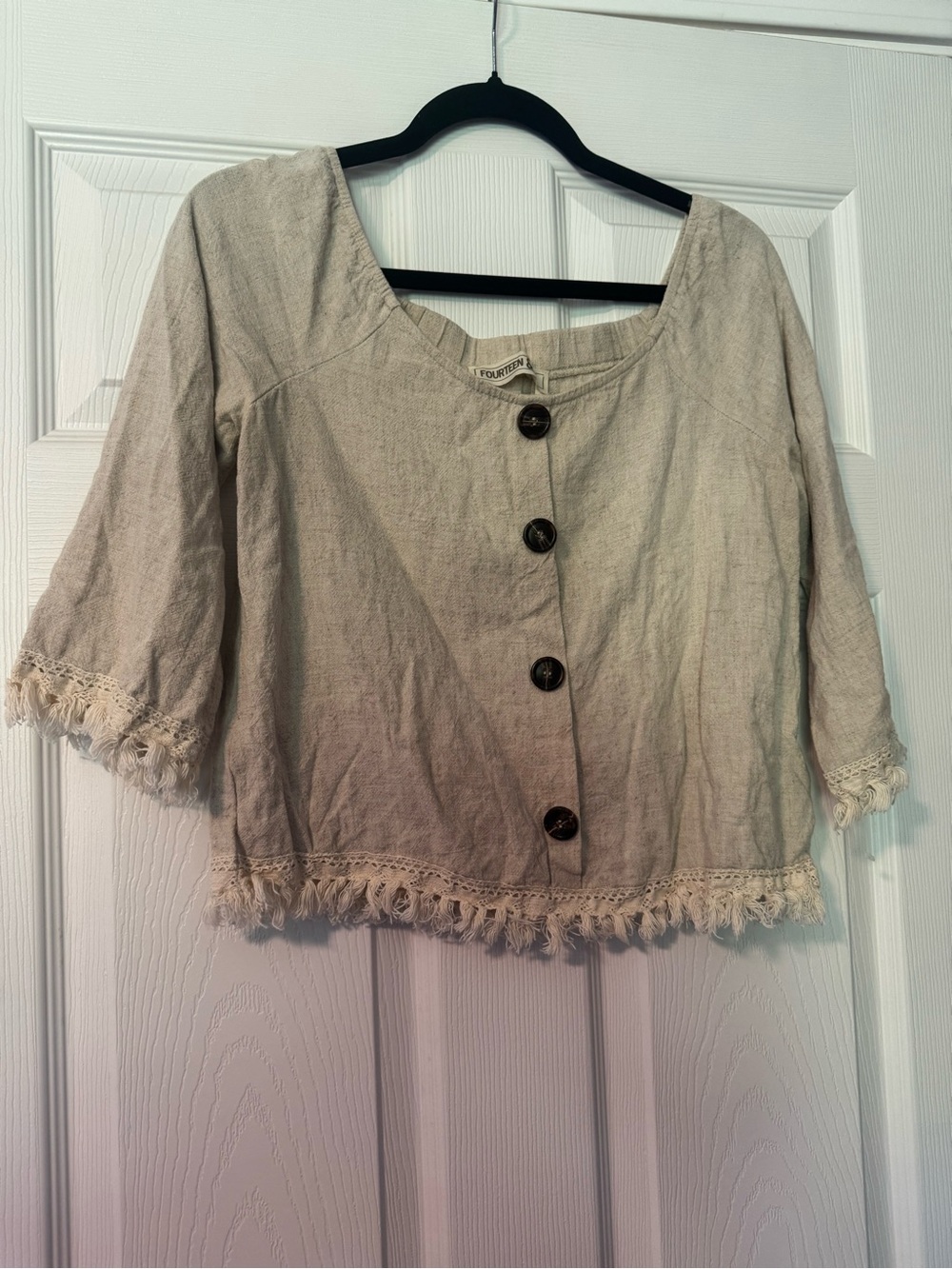 Fourteen & 9th Boho Fringe Top in Beige